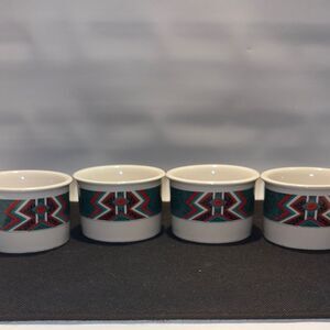 Gibson Ceramic Mugs with Red and Green Geometric Design